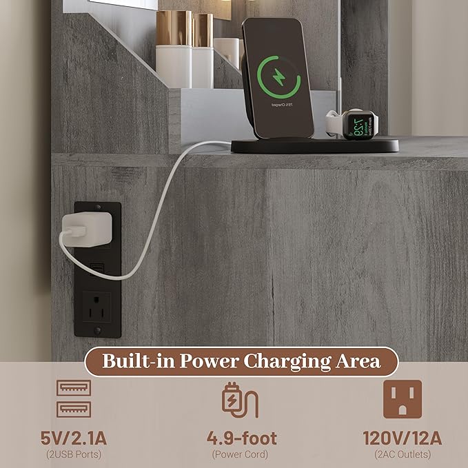 Makeup Vanity with Mirror and Lights, 34'' Wide Dressing Table with Charging Station & RGB Glass Cabinet, Small Vanity Desk with 3 Color Lighting Modes & Adjustable Brightness, Grey