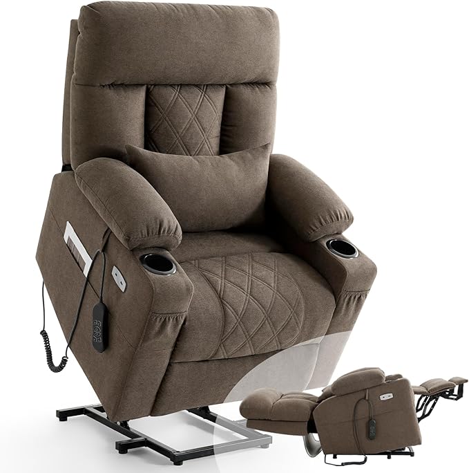 Power Lift Recliner Chair for Elderly with Extended Footrest, Infinite Position Lay Flat Recliner Chair for Adult W/Massage & Heating, Adjustable Headrest, 3-Motor Zero Gravity,Cup Holder, Fabric