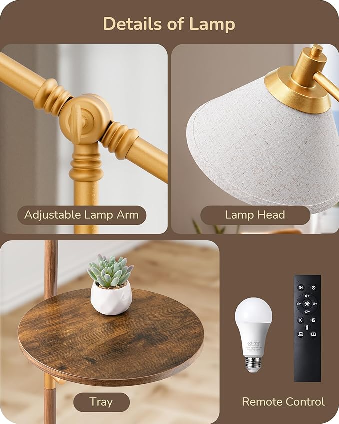 EDISHINE 68" Arc Floor Lamp with Table, Vintage Standing Lamp for Living Room with Tray, Tall Reading Lamp, Beige Shade, Adjustable Arm, Remote Dimmable Bulb Included, for Bedroom Office, Wood Grain