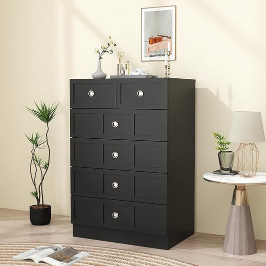 6 Drawer Dresser for Bedroom: 24" Fluted Black Dresser Deep Drawers, Modern Chest of Drawers for Bedroom, Fluted Wood Dressers for Living Room, Hallway