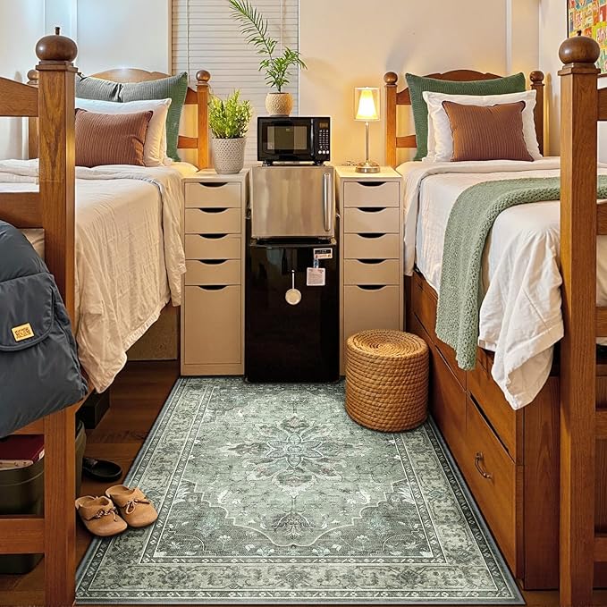 Area Rugs 5'x7' Washable Non-Slip, Floral Vintage Distress Print Pattern Medallion Carpet for Living Room Bedroom Dining Room, Dark Green Gray