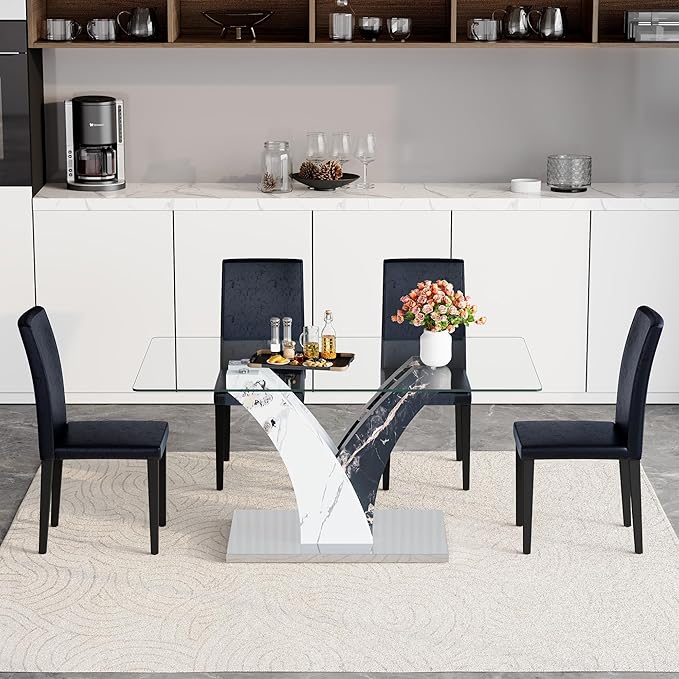 Glass Dining Table Set for 4, 63” Kitchen Table Set for 4, Modern Dining Room Table Set with Upholstered Chairs, Tempered Glass Tabletop with Y Shape Base