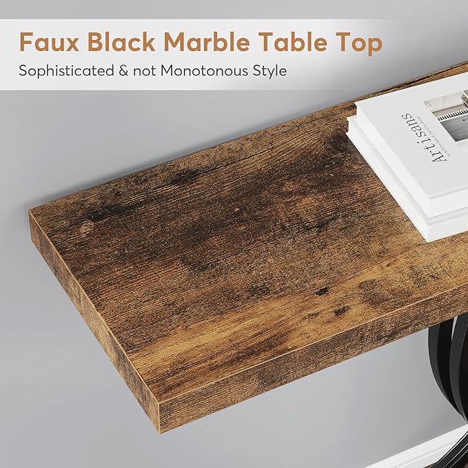 Industrial Entryway Console, 39" Vintage Accent Table with Geometric Metal Legs, Narrow Wooden Sofa Foyer Table for Entrance, Living Room (Rustic Brown & Black)