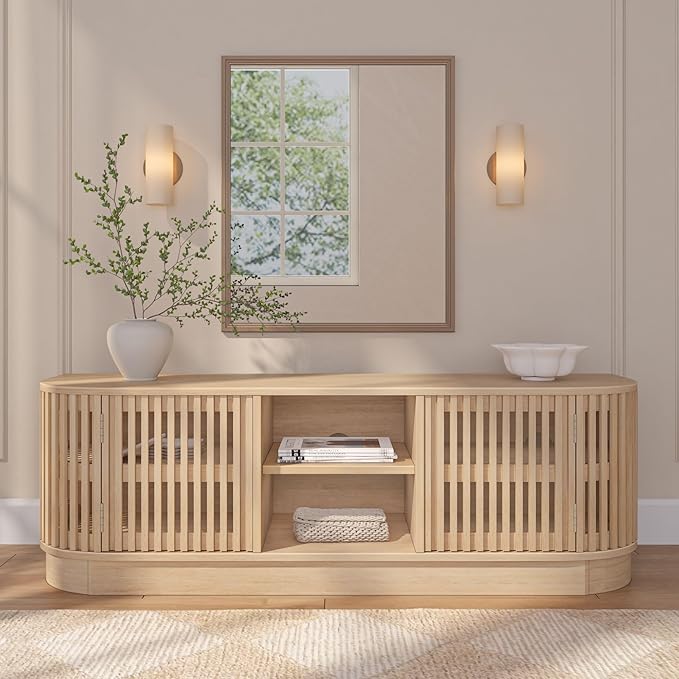 Plank+Beam Contour Wood TV Stand, Solid Wood Entertainment Console with Storage, 59" L x 16" W x 19" H, Blonde