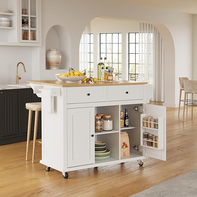 Rolling Kitchen Island Cart with Drop Leaf, Large Kitchen Island on Wheels with Storage and 2 Drawers, Mobile Island for Kitchen with Rubber Wood Countertop, Towel Rack (White, Large)