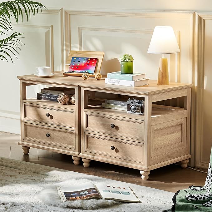 Farmhouse Nightstand with Charging Station, 24" Wide End Table with 2 Drawers, Natural Dresser for Bedroom, Bed Side Table Chest of Drawers Cabinet,Wood Night Stand for Living Room, Closet