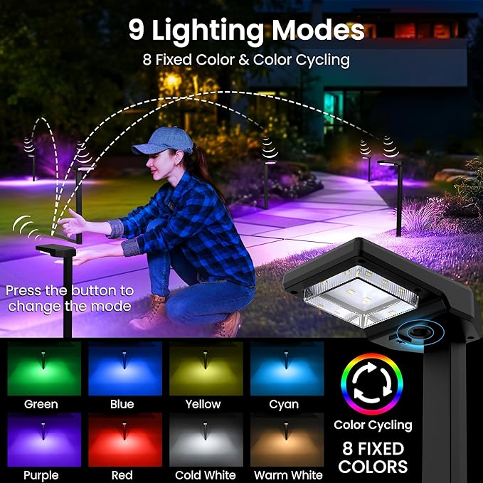 Solar Pathway Lights Outdoor, Smart Color Changing with 9-in-1 (Warm White/Cool White/RGBCW) Modes,Bright Landscape Lighting Waterproof for Walkway,Garden,Driveway,Yard,Patio(6pack)