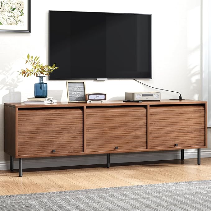 68 Inch TV Stand for TVs up to 75 Inch, Entertainment Center with Power Outlet, Mid-Century Modern TV Console with Storage, Adjustable Shelf & Sliding Doors, TV Stand for Living Room, Walnut