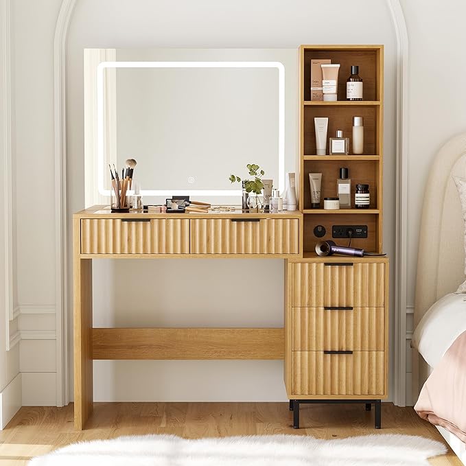 Fluted Vanity Desk with Large Mirror and Lights, Modern Wood Makeup Vanity Desk with Glass Top, Charging Station, 5 Drawers Adjustable Open Shelves, Dressing Table Set for Bedroom, Natural Oak