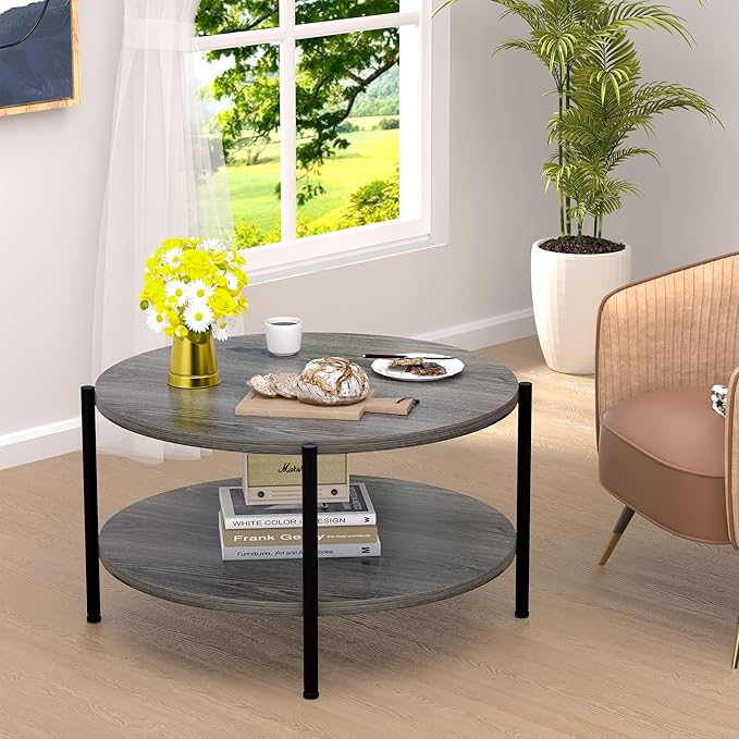 Coffee Table, 2 Tier Coffee Tables for Living Room, Round Coffee Table with Storage, Floor Table for Bedroom, Home Office, Rustic Brown (27.6" D x 18.1" H)