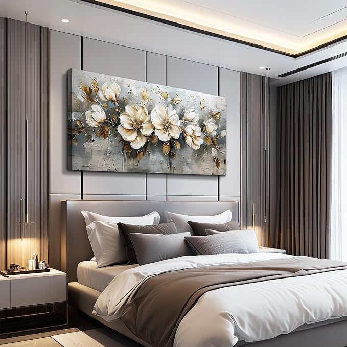 PHAOHUAXM Large Canvas Wall Art For Bedroom Wall Decoration For Living Room Restaurant Office Mural Abstract White Flowers Paintings Printing Artwork Modern Posters Home Decor Ready To Hang 24"x48"