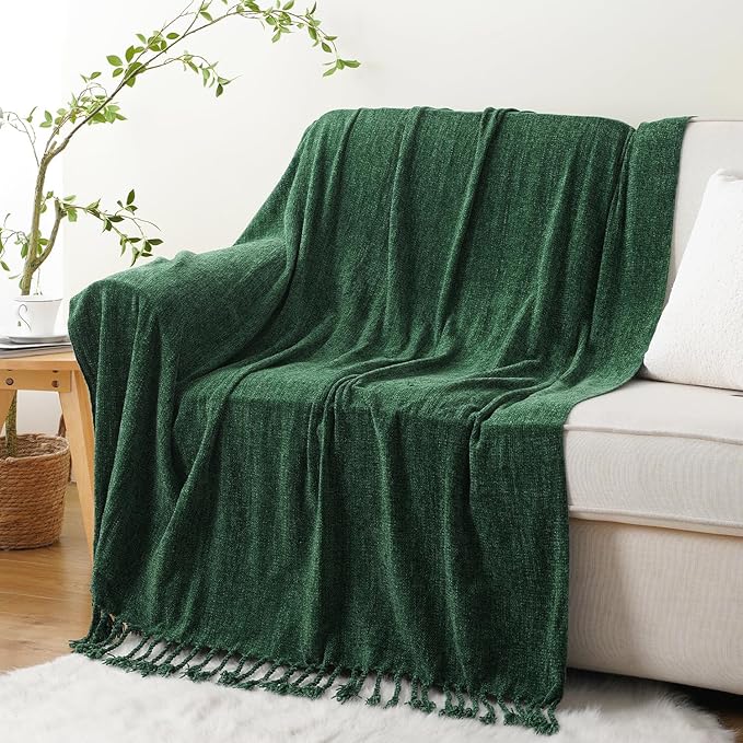 BATTILO HOME Chenille Knit Throw Blanket for Couch, Soft Cozy Dark Green Knit Throw Blanket with Fringe, Lightweight Throw Blanket for Home Decoration, 50"x60"