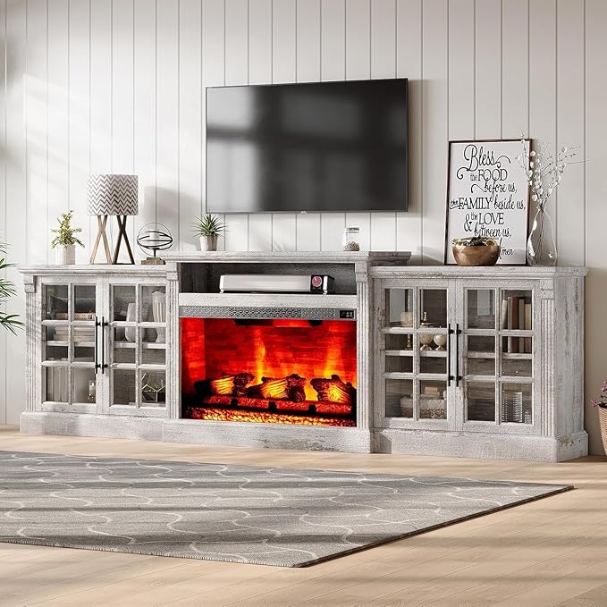 97" Farmhouse TV Stand with 33" Fireplace for TVs up to 100", Media Entertainment Center with Large Storage Cabinet and Adjustable Shelves for Living Room, Light Grey