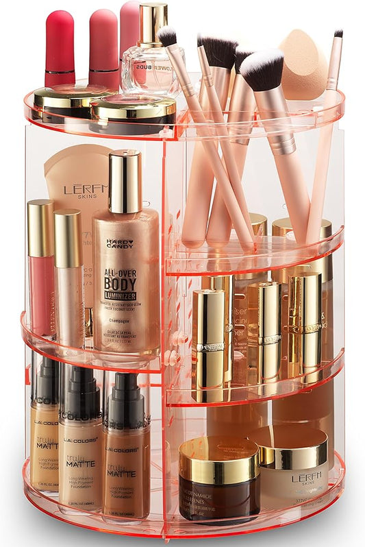 360 Rotating Makeup Organizer - Adjustable Shelf Height and Fully Rotatable - The Perfect Round Spinning Cosmetic Organizer for Bedroom Dresser or Vanity Countertop Storage (Pink)