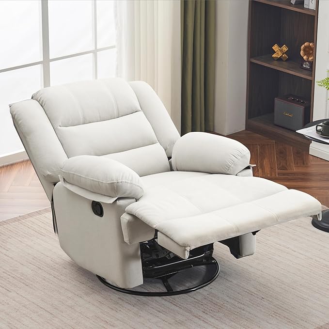 Swivel Rocking Recliner Chair for Adults, Overstuffed Manual Rocker Nursery Recliner Glider, Upholstered Fabric Reclining Single Sofa Chair for Living Room (Beige)