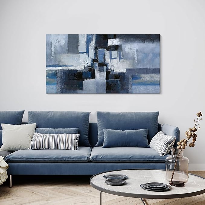 KLAKLA Abstracr Wall Art - Blue and Black Canvas Picture for Living Room Wall Decor - Bedroom Art Framed Artwork - 20x40 Inches Modern Wall Art