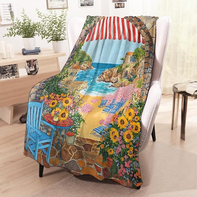 Seaside Scenery Blanket, Cozy Flannel Vibrant Coastal with Sunflowers Throw Blanket for Couch Outdoor, Plush Soft Lightweight Travel Blankets for Bed Decor and Gifts, for Women Adults 60"x80"