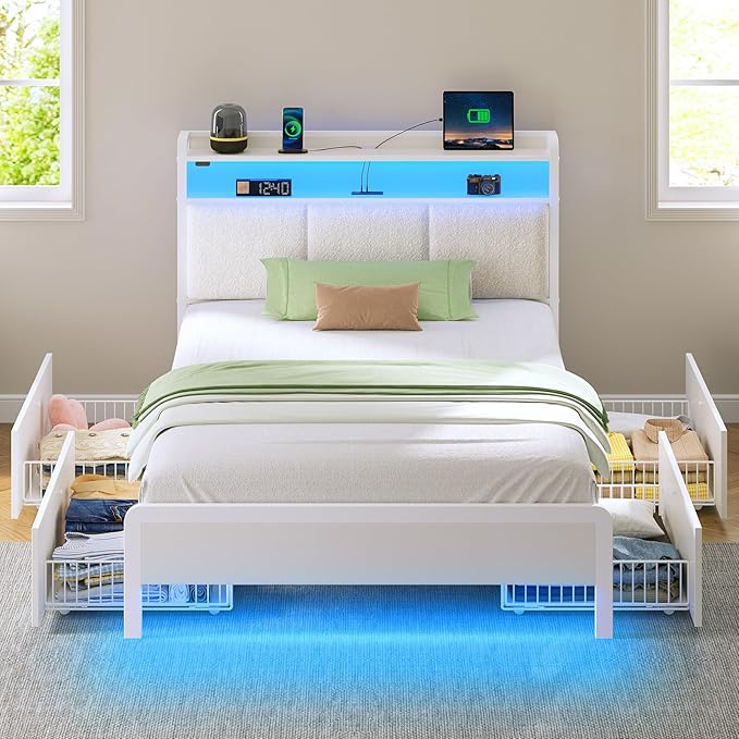 Rolanstar Bed Frame Twin Size with Charging Station and LED Lights, Upholstered Storage Headboard with Drawers, Heavy Duty Metal Slats, No Box Spring Needed, Noise Free, Easy Assembly, White