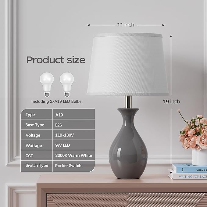 PARTPHONER Table Lamp Set of 2, Modern Ceramic Bedside Lamps for Night Stands, Classic Small Lamp Nightstand Lamp for Bedroom Living Room Desk End Table Rocker Swtich Grey