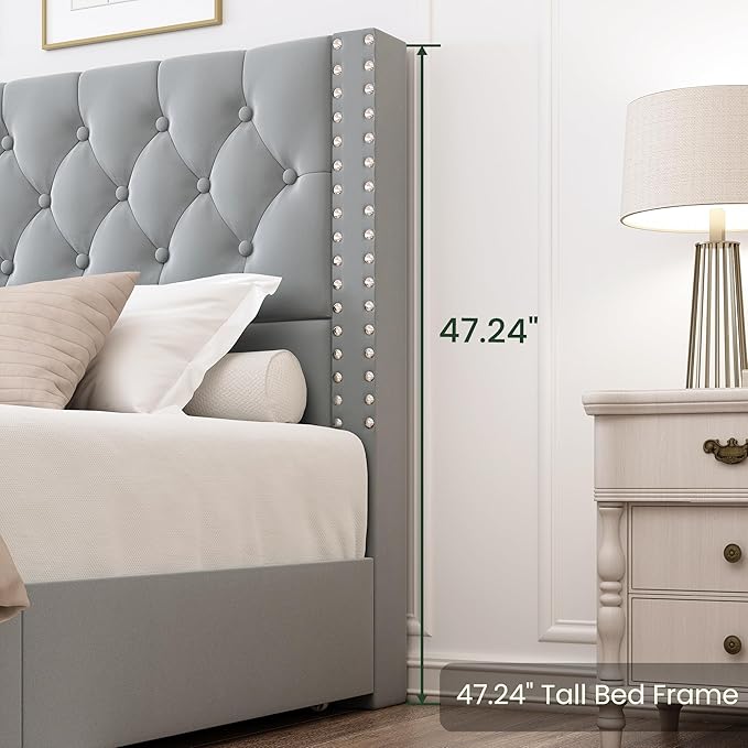 King Size Bed Frame with 4 Storage Drawers and Tufted Headboard Velvet Upholstered Platform Bed Frame with Heavy Duty Wood Slats, No Box Spring Needed, Easy Assembly, Bluish Grey