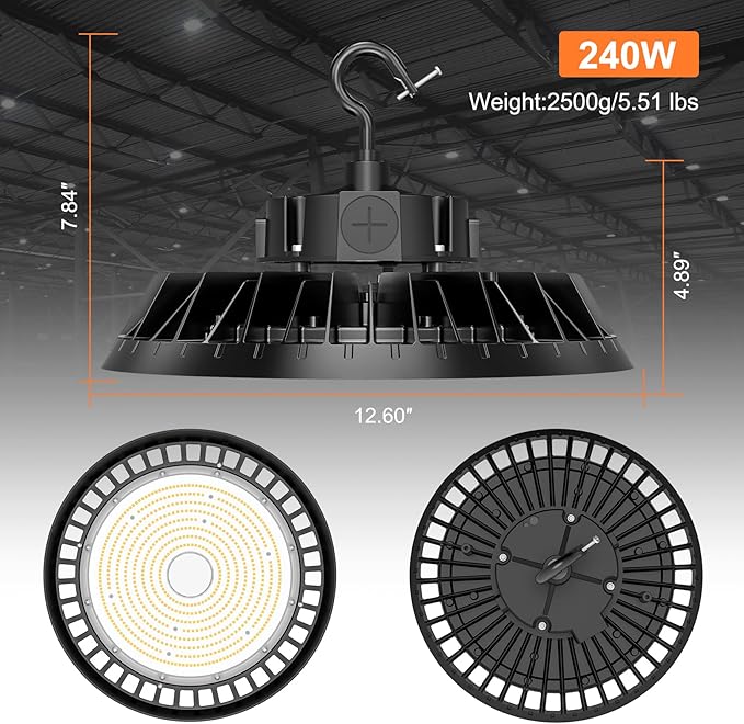 LED High Bay Lights, 240W UFO High Bay LED Shop Lights, 36000LM Adjustable CCT(5700K 5000K 4500K) & Power(240W 200W 150W), 0-10V Dimmable, 5' Cable Plug, IP65 Waterproof, ETL & DLC Listed High Bay