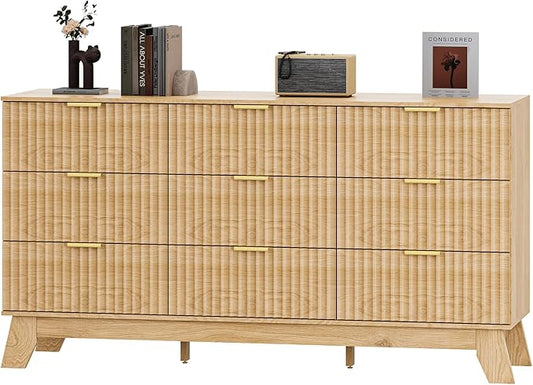 Fluted Dresser for Bedroom with 9 Drawers, 57" Mid Century Modern Dresser of Closet TV Stand, Nature Wood Dressers with Gold Handle, Boho Closet Wide Modern Chest of Drawers, Natural