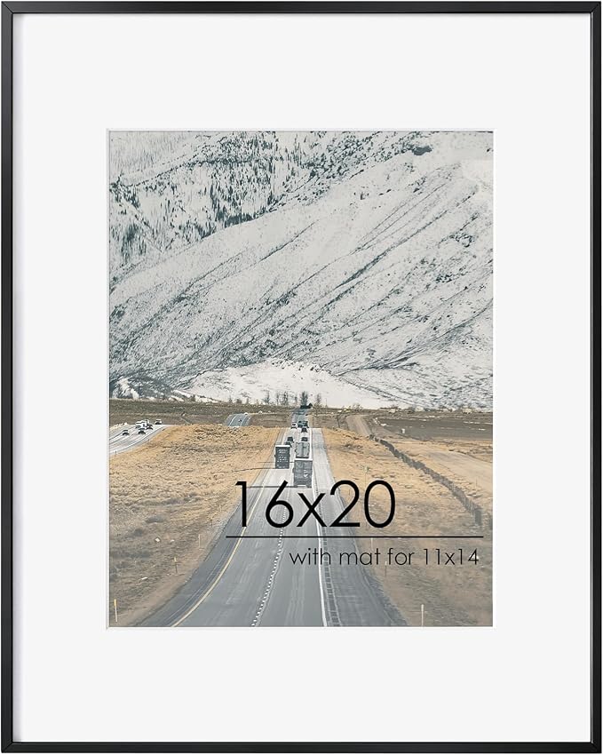 16x20 Metal Picture Frame For Wall With Mat For 11x14, 16''x20'' Aluminum Photo Frames With Tempered Glass For Home Decor, Minimalist Modern Poster Frame Horizontal And Vertical Formats, Black