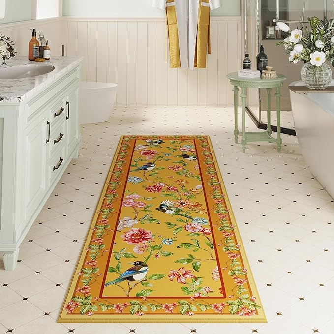 Runner Rug for Kitchen 2'6"x8' Washable Rugs with Rubber Backing Soft Floral Bird Magpies Floral Animal Carpet Runner for Kitchen, Laundry, Bedroom, Bathroom (Yellow)