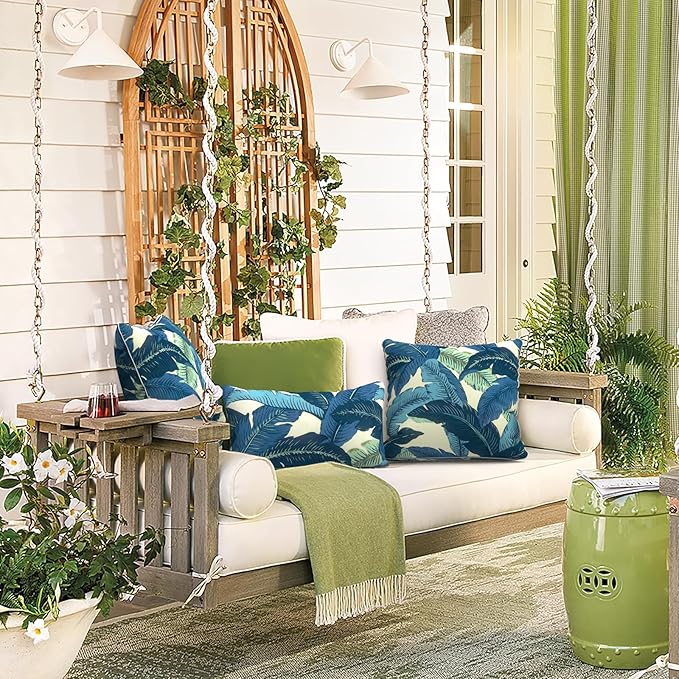 LVTXIII 12×20 Inch Outdoor Lumbar Pillows, Pack of 2 Water Repellent Lumbar Pillow with Inserts, Fluffy Decorative Garden Lumbar Cushions for Home Patio Coach Sofa Use, Swaying Palms Blue