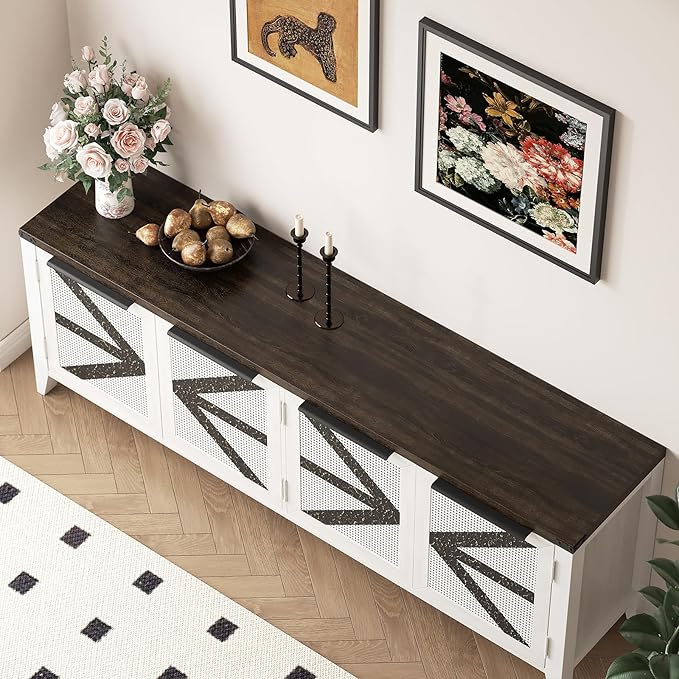 VFK 70 Inch Farmhouse TV Stand for 75 Inch TV, Rustic Entertainment Center with 4 Doors, Wood Media Console Cabinet with Storage, Living Room TV Cabinet