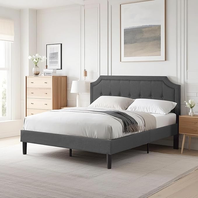 VECELO Queen Size Platform Bed Frame with Fabric Upholstered Headboard and Wooden Slats Support, No Box Spring Needed/Easy Assembly