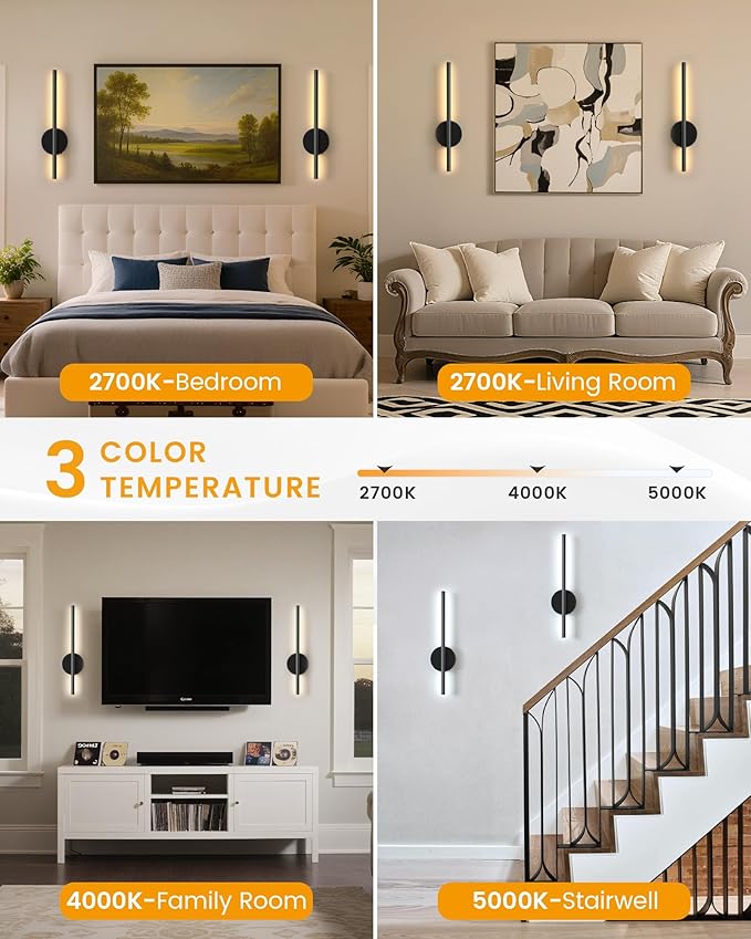 NIORSUN 15.7 Inch Battery Operated Wall Sconce Set of 2, Black Minimalism Rechargeable Wall Lights with Remote, 3CCT Dimmable Wireless Wall Lamp for Living Room Bedroom Hallway