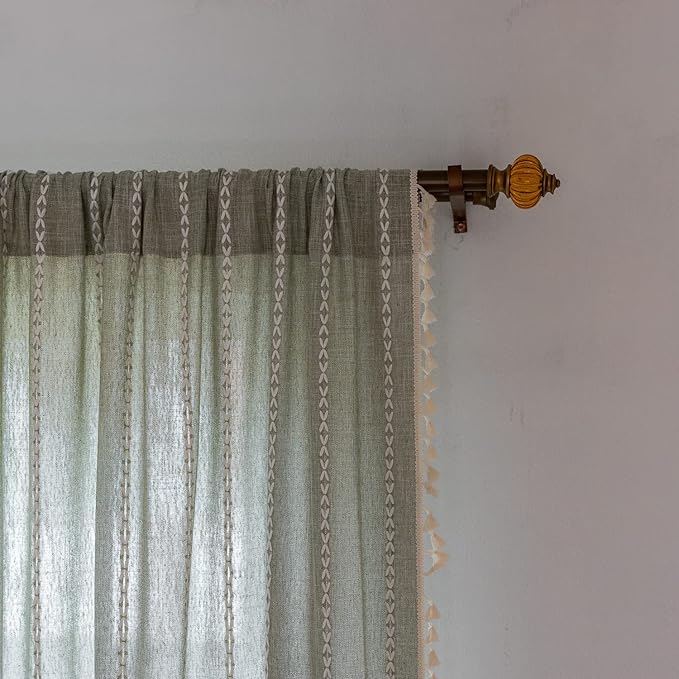 Boho Curtains Embroidery Striped Country Farmhouse Curtains for Bedroom Sage Green Linen Curtains 63 Inch Length 2 Panels Light Filtering Curtains for Living Room(52" W x 63" L,Sage Green)