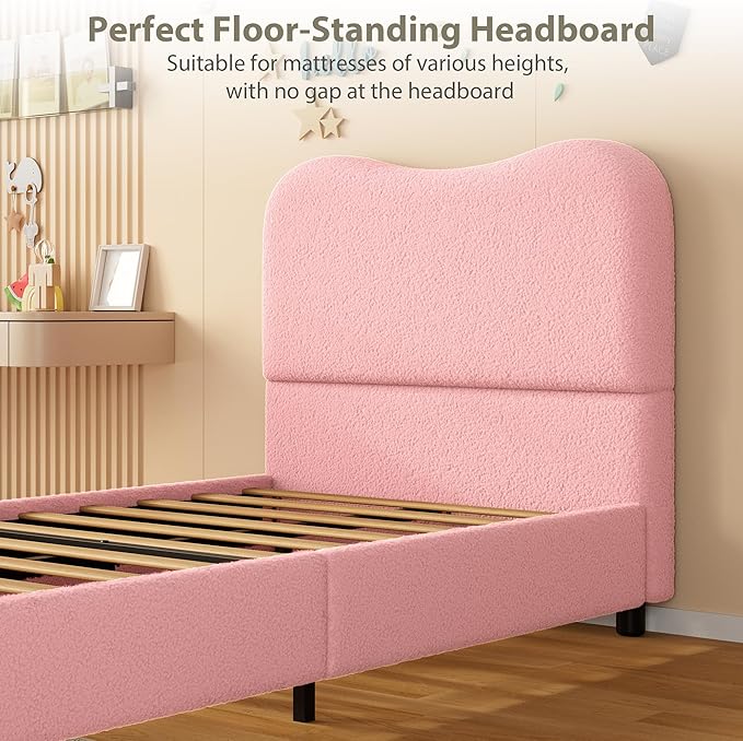 GarveeHome Twin Bed Frame for Kids with Velvet Upholstered Headboard, Cute Low Profile Platform Bed for Girls and Boys, No Box Spring Needed, Strong Wooden Slats, Noise Free, Easy Assembly, Pink