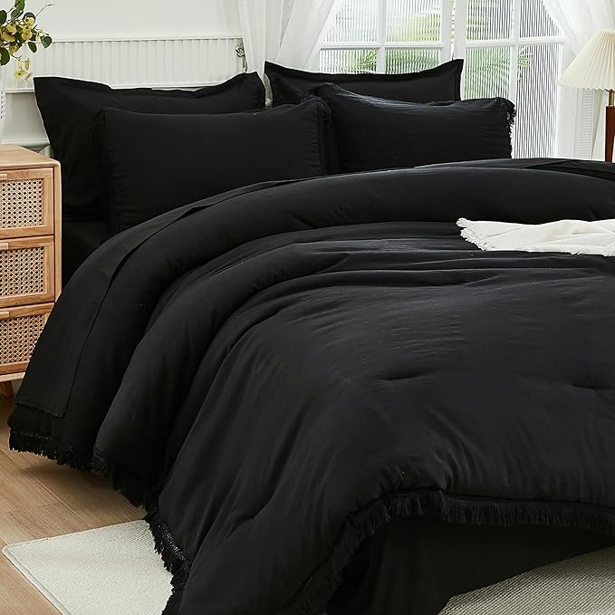 Andency Black King Size Comforter Set with Sheets - 7 Pieces Boho Tassel Bed in a Bag Soft Lightweight Bedding Sets, Black Fringe Bed Set with Comforter, Sheets, Pillowcases & Shams