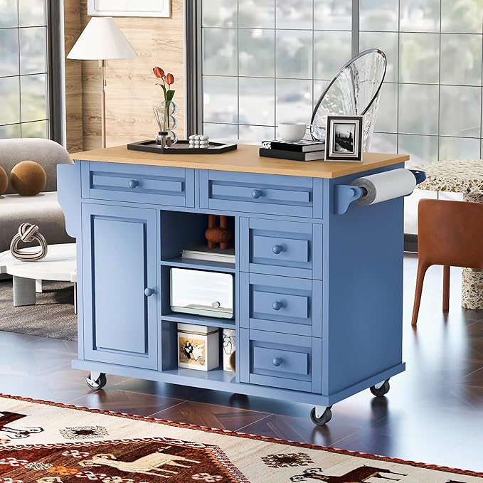 Rolling Kitchen Cart with Rubber Wood Desktop Mobile Kitchen Island with Storage and 5 Drawers for Dining Room Kitchens Living Room 52.8" L*18.1" W*36.2" H Blue