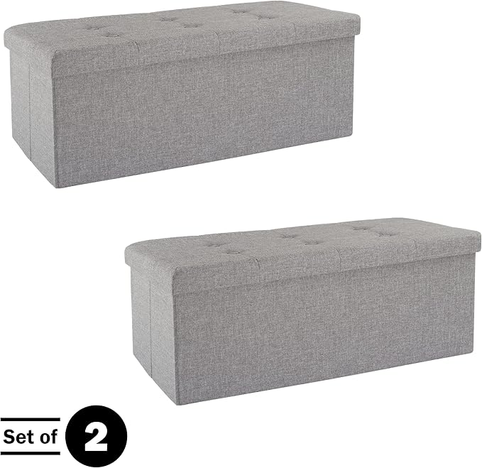 Lavish Home Set of 2 Ottomans - 30-Inch Tufted Footrest, Linen Chest, or Bench Set with Removable Bin for Living Room, Bedroom, or Dorm (Light Gray)