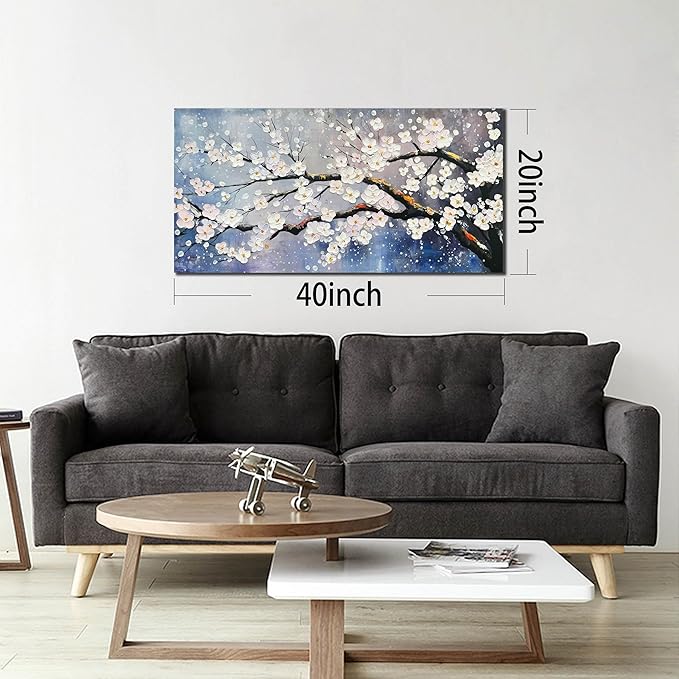 aburaeart Plum Blossom Painting Wall Art For Living Room Blue And White Wall Art For Office Women Modern Art Wall Decor Bedroom Size 20 x 40 Inch