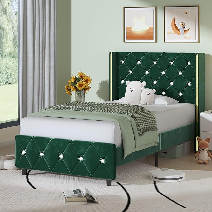 HOMBCK Twin Bed Frame with Headboard, Velvet Upholstered Bed with Diamond Tufted Design, Kids Bed Frame with Wooden Slats Support, No Box Spring Required, Easy Assembly, Green
