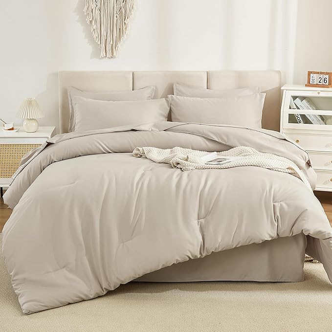 Litanika Oversized King Comforter Sets Tannish Grey - 7 Pieces Bed in a Bag Oversized King Bedding Comforter Sets, Solid Lightweight Bed Set with Comforter, Sheets, Pillowcases & Shams