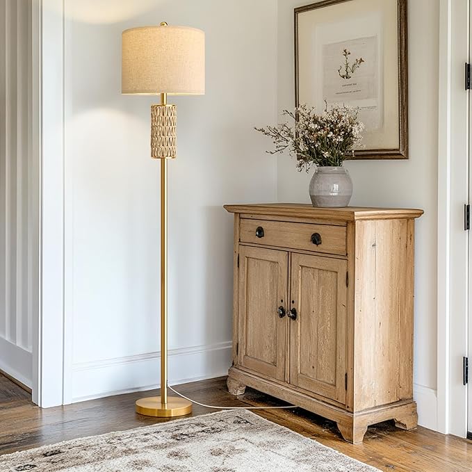 Oneach 62” Modern Floor Lamp for Living Room, Gold Boho Standing Lamp with Unique Rattan Design, Rotary Switch, Farmhouse Tall Lamps for Bedroom Office Dining Room (Without Bulb)