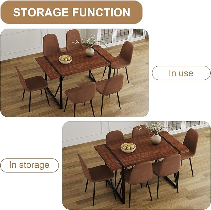 Dining Table Chairs Set for 6, Modern Rectangular Dining Room Table Set PU Leather Upholstered Dining Chairs 55" Dinner Table Set for Kitchen, Dining Room (Brown1, 55 inch Table + 6 Chairs)