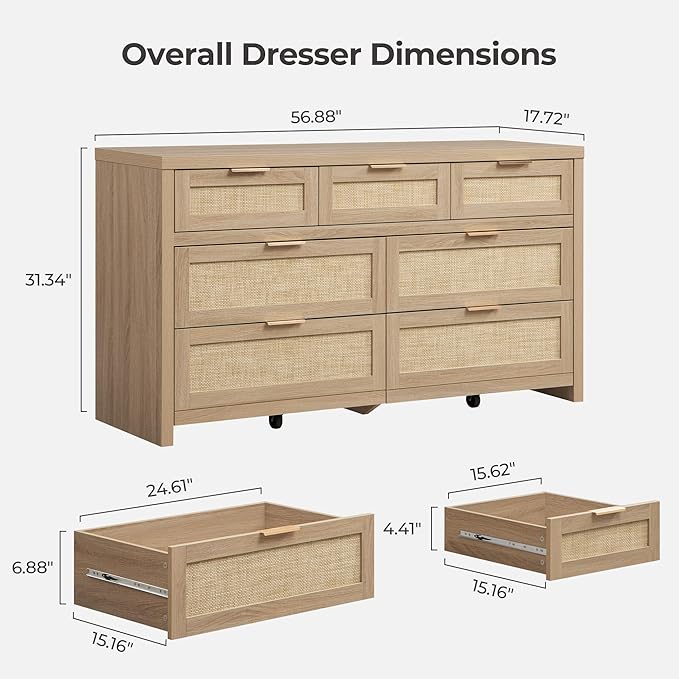 SICOTAS 7 Drawer Dresser for Bedroom, 57" Wide Rattan Dressers, Large Chest of Drawers for Bedroom, Dresser TV Stand, Boho Closet Organizer (Reclaimed Light Oak, 7 Drawers (1 pc))