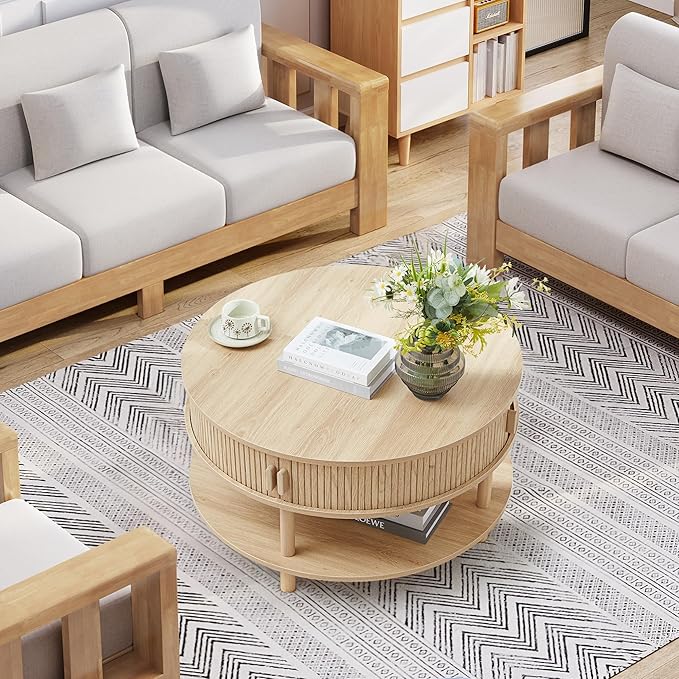 RARZOE 31.5" Round Coffee Table with Storage, Wood Circle Coffee Table with Sliding Cabinet Doors, Fluted Dining Table Accent Center Table for Living Room Home Office Apartment, Natural