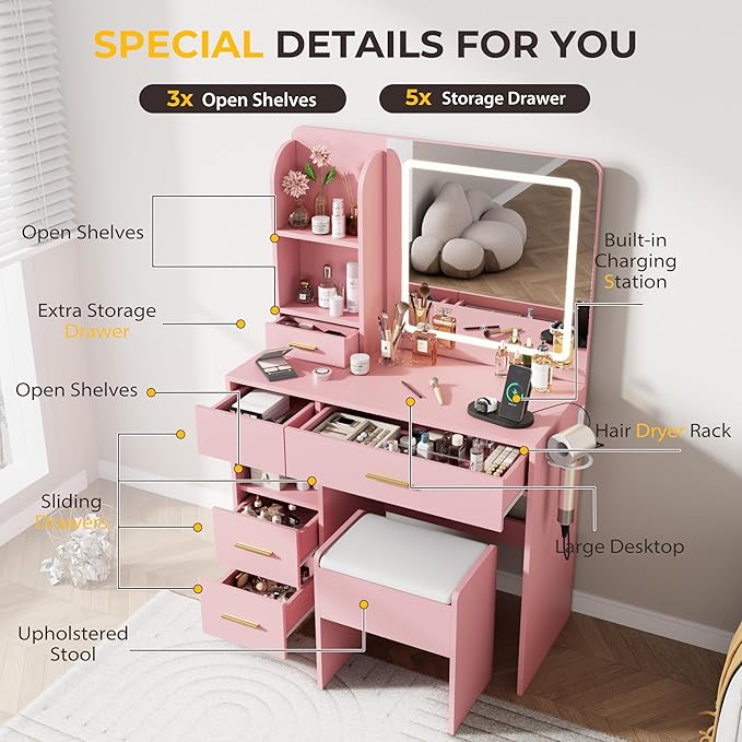 Vanity Desk with Mirror and Lights, 3 Lighting Colors and Power Outlet Makeup Vanity Desk with 5 Large Drawers and 3 Storage Shelves, Pink Vanity with Storage Stool for Bedroom