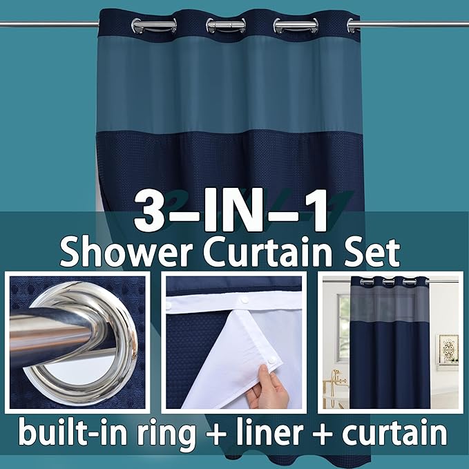 Conbo Mio Stall No Hook Waffle Weave Shower Curtain with Snap in Liner Set, Hotel Luxury Navy Blue Shower Curtains for Bathroom with See Through Top Window, Waterproof, Washable 54W x 74H