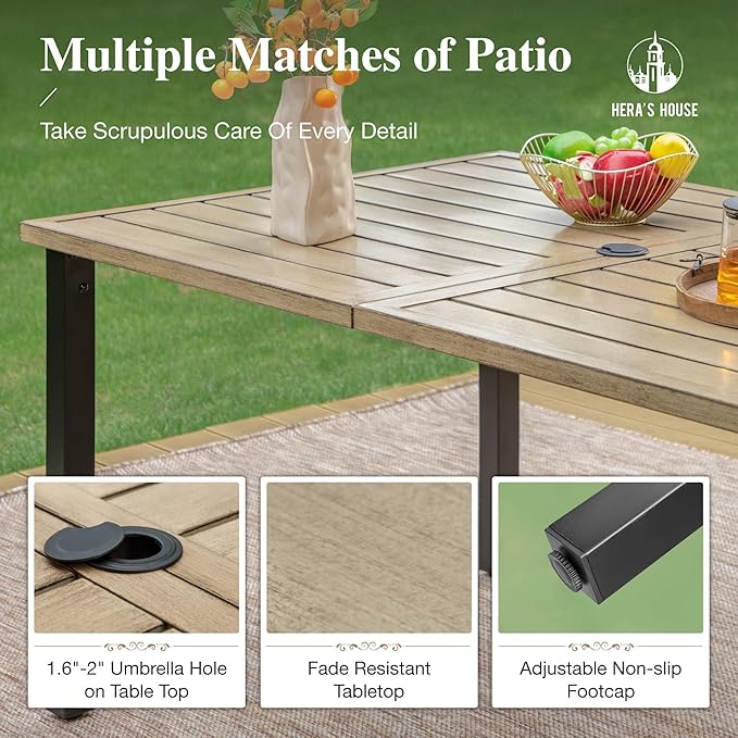 HERA'S HOUSE 7 Pieces Patio Dining Set, 6 x Outdoor Rattan Armchair with Beige Removable Cushions,1 x Rectangular Metal Dining Table with Wood-Look Finish for Patio, Lawn, Garden, or Porch