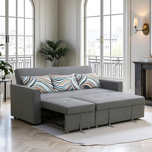 77 Inch Convertible Pull Out Sofa Bed, Sleeper Couch with Fluffy Fabric, 3 Seat Living Room Sofa Set with Adjustable Backrest for Living Room, Bedroom, Apartment, Grey