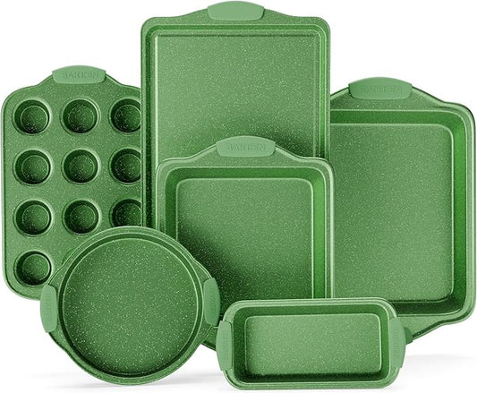 BAKKEN Kitchen Baking Pan Set - Nonstick Green Marble Coating, Carbon Steel Bakeware Sets with Green Silicone Handles, Kitchen Essentials, PFOA, PFOS, PTFE Free, Oven Safe (Up To 450° F), Set of 6