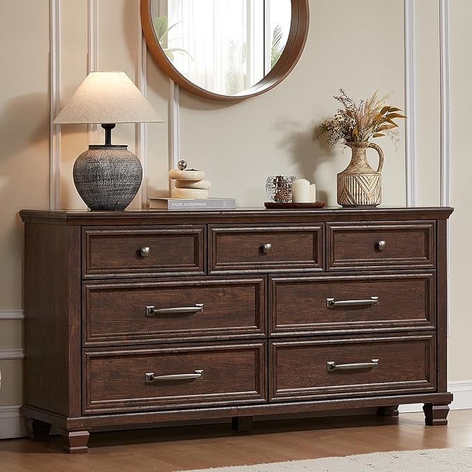 Farmhouse 7 Drawer Dresser for Bedroom, 54” Wide Dresser for Closet, Large Rustic Wooden Dressers, Chest of Drawers for Bedroom, Living Room, Entryway, Walnut